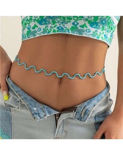 Bohemian Colorful Beads Woven Waist Chain Wavy Design Wholesale Body Chain Jewelry - Blue