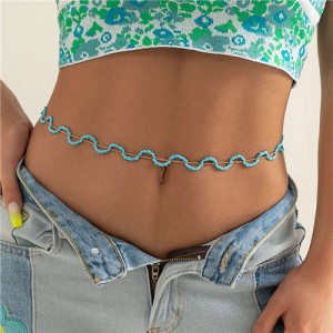 Bohemian Colorful Beads Woven Waist Chain Wavy Design Wholesale Body Chain Jewelry - Blue