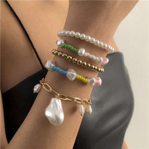 U.S. Fashion Pearl Pendant Ethnic Style Colorful Beads Multilayer Bracelet