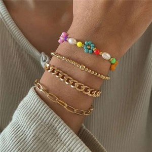 Lovely Design Fresh Small Daisy Beaded Alloy Chain Women Bracelet