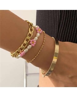 Vintage Ethnic Style Pink Flower Multilayer Beads Wholesale Bracelet
