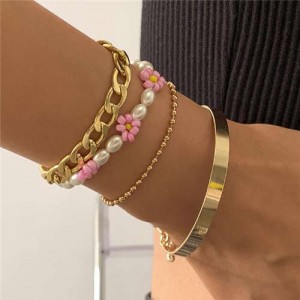 Vintage Ethnic Style Pink Flower Multilayer Beads Wholesale Bracelet