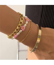 Vintage Ethnic Style Pink Flower Multilayer Beads Wholesale Bracelet