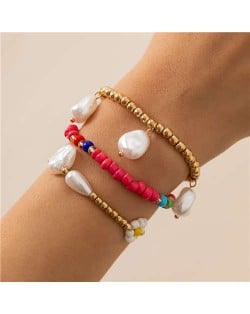 Bohemian Colorful Beads Daisy Embellished Irregular Pearl Pendant Triple Layers Bracelet