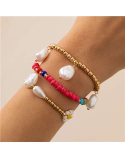 Bohemian Colorful Beads Daisy Embellished Irregular Pearl Pendant Triple Layers Bracelet