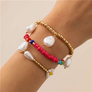Bohemian Colorful Beads Daisy Embellished Irregular Pearl Pendant Triple Layers Bracelet