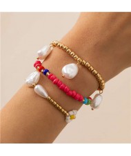 Bohemian Colorful Beads Daisy Embellished Irregular Pearl Pendant Triple Layers Bracelet