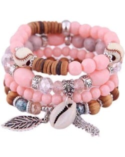 Trendy Leaf and Conch Pendant Multi-layer Beads Fashion Women Wholesale Fashion Bracelet - Rubber Pink