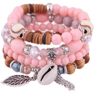 Trendy Leaf and Conch Pendant Multi-layer Beads Fashion Women Wholesale Fashion Bracelet - Rubber Pink