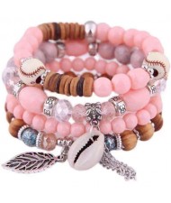 Trendy Leaf and Conch Pendant Multi-layer Beads Fashion Women Wholesale Fashion Bracelet - Rubber Pink