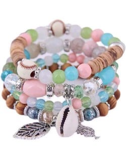 Trendy Leaf and Conch Pendant Multi-layer Beads Fashion Women Wholesale Fashion Bracelet - Multicolor