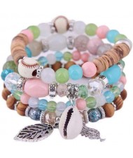 Trendy Leaf and Conch Pendant Multi-layer Beads Fashion Women Wholesale Fashion Bracelet - Multicolor