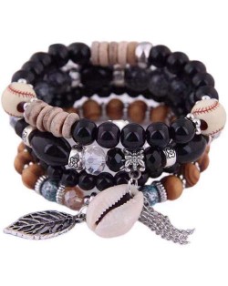 Trendy Leaf and Conch Pendant Multi-layer Beads Fashion Women Wholesale Fashion Bracelet - Black