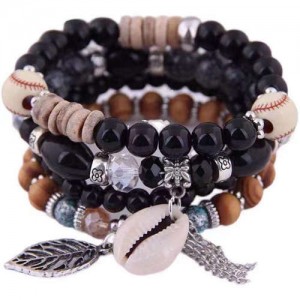 Trendy Leaf and Conch Pendant Multi-layer Beads Fashion Women Wholesale Fashion Bracelet - Black