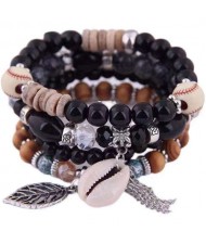 Trendy Leaf and Conch Pendant Multi-layer Beads Fashion Women Wholesale Fashion Bracelet - Black