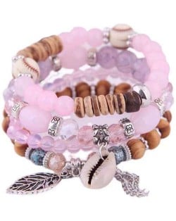 Trendy Leaf and Conch Pendant Multi-layer Beads Fashion Women Wholesale Fashion Bracelet - Pink