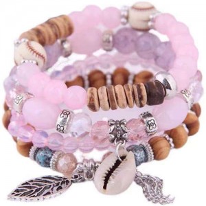 Trendy Leaf and Conch Pendant Multi-layer Beads Fashion Women Wholesale Fashion Bracelet - Pink
