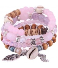 Trendy Leaf and Conch Pendant Multi-layer Beads Fashion Women Wholesale Fashion Bracelet - Pink