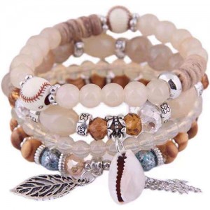 Trendy Leaf and Conch Pendant Multi-layer Beads Fashion Women Wholesale Fashion Bracelet - Off White