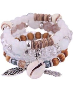 Trendy Leaf and Conch Pendant Multi-layer Beads Fashion Women Wholesale Fashion Bracelet - White