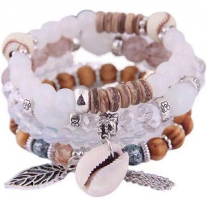 Trendy Leaf and Conch Pendant Multi-layer Beads Fashion Women Wholesale Fashion Bracelet - White