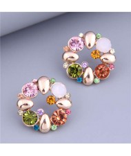 Colorful Rhinestone Sweet Korean Fashion Floral Hoop Women Wholesale Stud Earrings