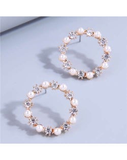 Sweet Fashion Bling Rhinestone and Pearl Hoop Pattern Lady Wholesale Earrings