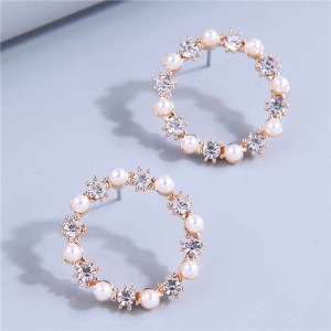 Sweet Fashion Bling Rhinestone and Pearl Hoop Pattern Lady Wholesale Earrings