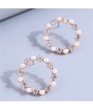 Sweet Fashion Bling Rhinestone and Pearl Hoop Pattern Lady Wholesale Earrings