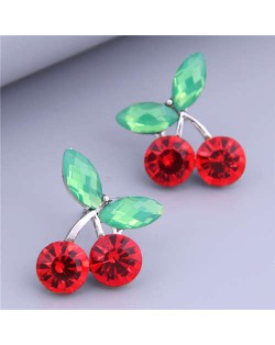 Sweet Fashion Office Lady Style Minimalist Bling Gem Red Cherry Wholesale Costume Earrings - Silver