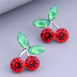 Sweet Fashion Office Lady Style Minimalist Bling Gem Red Cherry Wholesale Costume Earrings - Silver