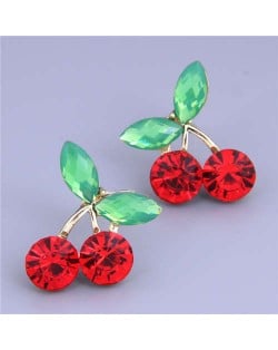 Sweet Fashion Office Lady Style Minimalist Bling Gem Red Cherry Wholesale Costume Earrings - Golden