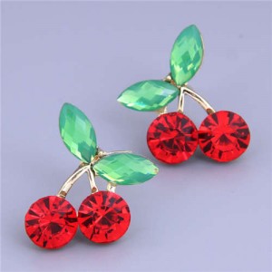 Sweet Fashion Office Lady Style Minimalist Bling Gem Red Cherry Wholesale Costume Earrings - Golden