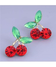 Sweet Fashion Office Lady Style Minimalist Bling Gem Red Cherry Wholesale Costume Earrings - Golden