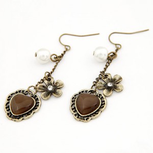 Vintage White Peach Heart Shape Opal Embedded Flower Style Earrings