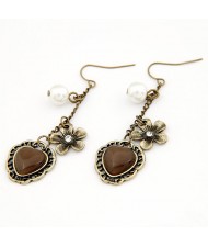 Vintage White Peach Heart Shape Opal Embedded Flower Style Earrings