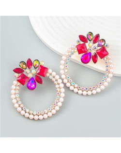 Rhinestone Floral Round Exaggerated Pearl Wholesale Hoop Ear Studs - Red