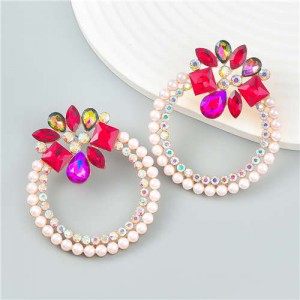 Rhinestone Floral Round Exaggerated Pearl Wholesale Hoop Ear Studs - Red