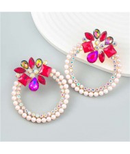 Rhinestone Floral Round Exaggerated Pearl Wholesale Hoop Ear Studs - Red