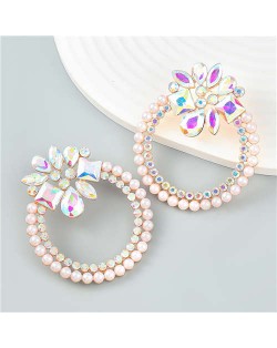 Rhinestone Floral Round Exaggerated Pearl Wholesale Hoop Ear Studs - Luminous White