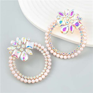 Rhinestone Floral Round Exaggerated Pearl Wholesale Hoop Ear Studs - Luminous White