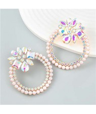 Rhinestone Floral Round Exaggerated Pearl Wholesale Hoop Ear Studs - Luminous White