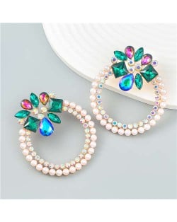 Rhinestone Floral Round Exaggerated Pearl Wholesale Hoop Ear Studs - Green
