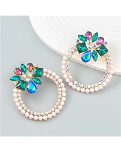 Rhinestone Floral Round Exaggerated Pearl Wholesale Hoop Ear Studs - Green