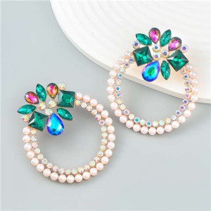 Rhinestone Floral Round Exaggerated Pearl Wholesale Hoop Ear Studs - Green
