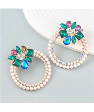 Rhinestone Floral Round Exaggerated Pearl Wholesale Hoop Ear Studs - Green