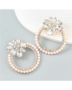 Rhinestone Floral Round Exaggerated Pearl Wholesale Hoop Ear Studs - White