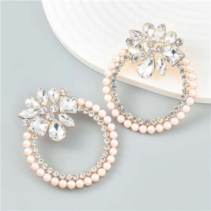 Rhinestone Floral Round Exaggerated Pearl Wholesale Hoop Ear Studs - White