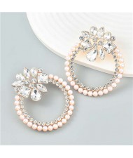 Rhinestone Floral Round Exaggerated Pearl Wholesale Hoop Ear Studs - White