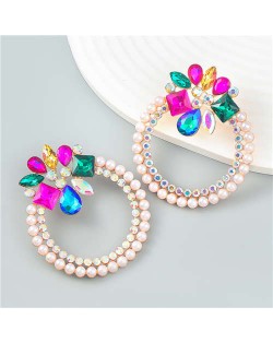 Rhinestone Floral Round Exaggerated Pearl Wholesale Hoop Ear Studs - Multicolor